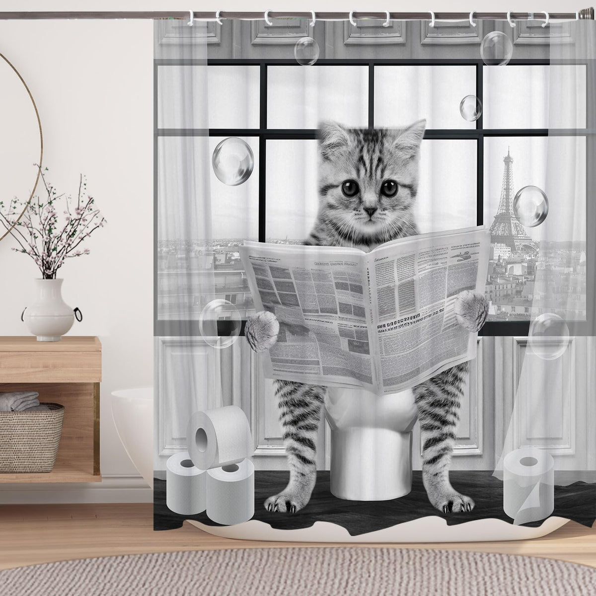 Funny Japanese Cat Funky Anime Japan Bathroom Shower Curtain, 72x72