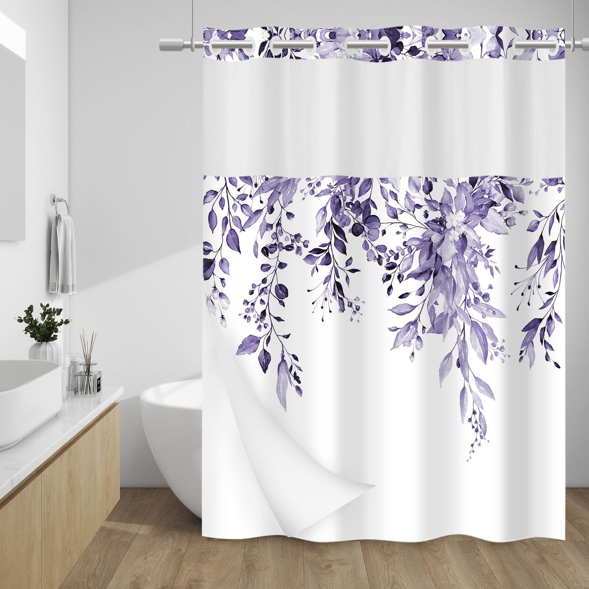 WITHLOC Hook Free Floral Shower Curtain with Liner, Blue Beige, 71x74