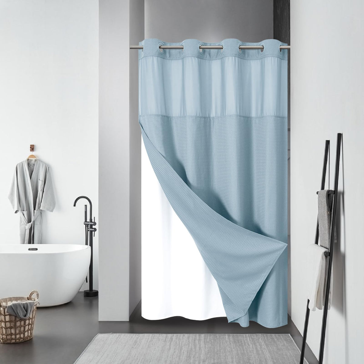 eachope No Hook Waffle Shower Curtain with Snap-in Liner, 71x74 Inch, Grey