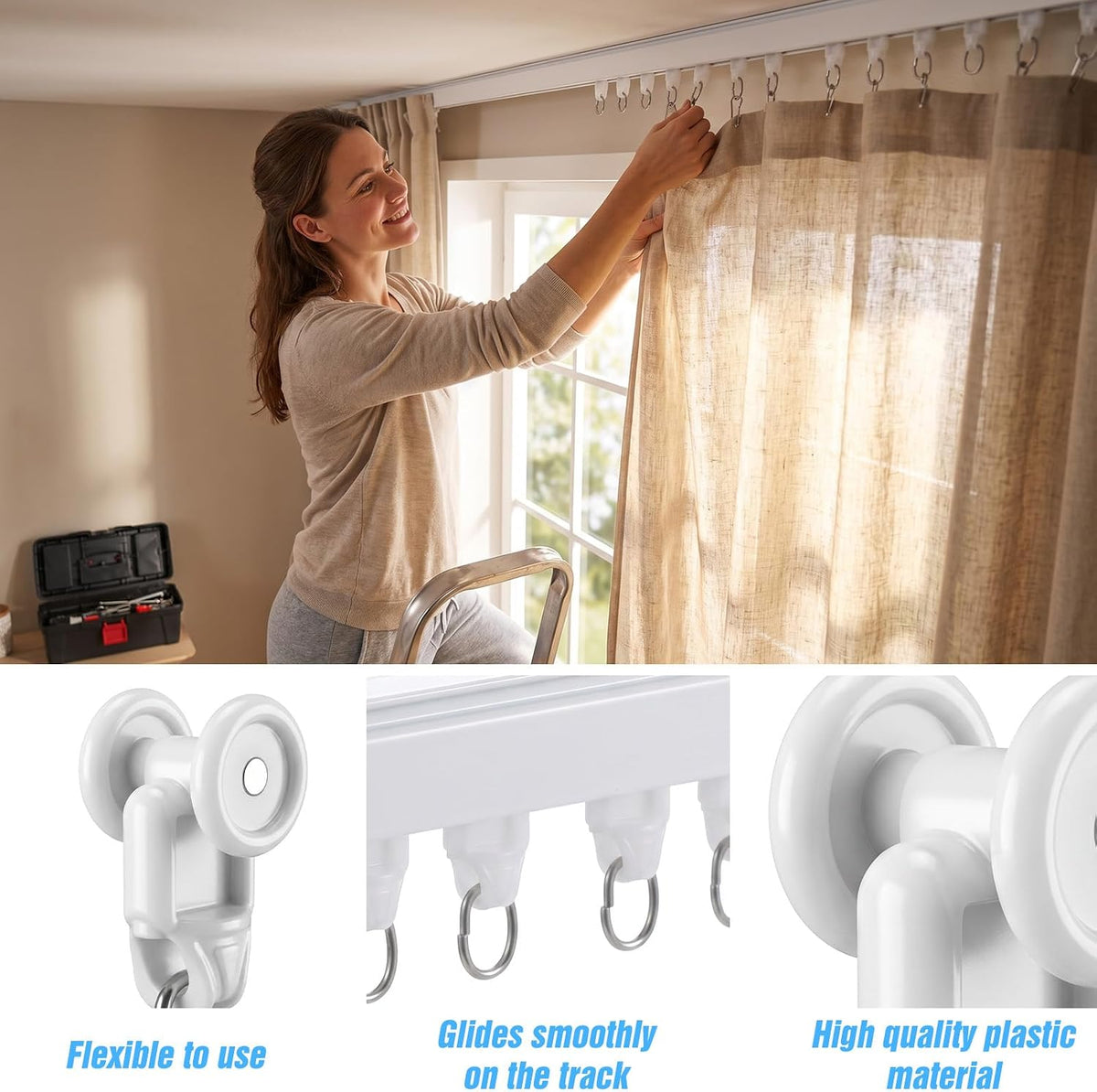 50Pcs Curtain Track Rollers, Mute Ceiling Curtain Track Gliders Hooks