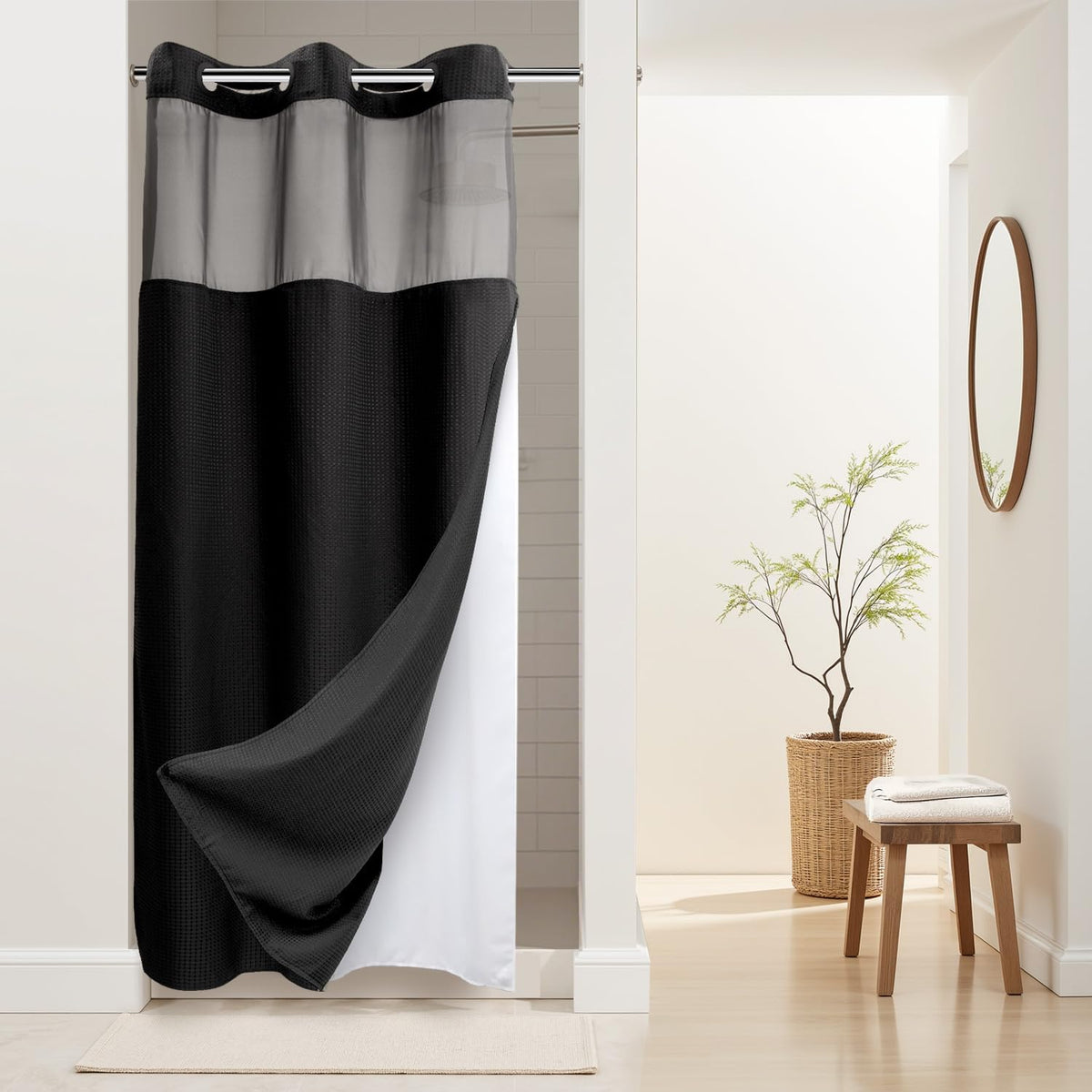 RiverDream Heavyweight Waffle No Hook Shower Curtain with Liner,White,71x74