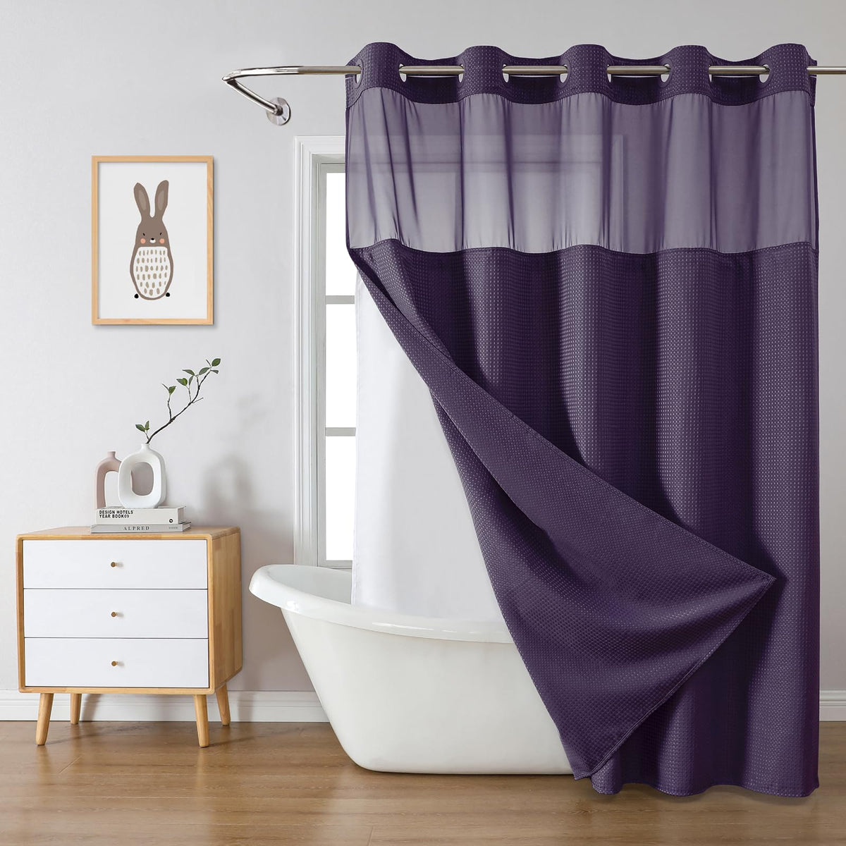 eachope No Hook Waffle Shower Curtain with Snap-in Liner, 71x74 Inch, Grey