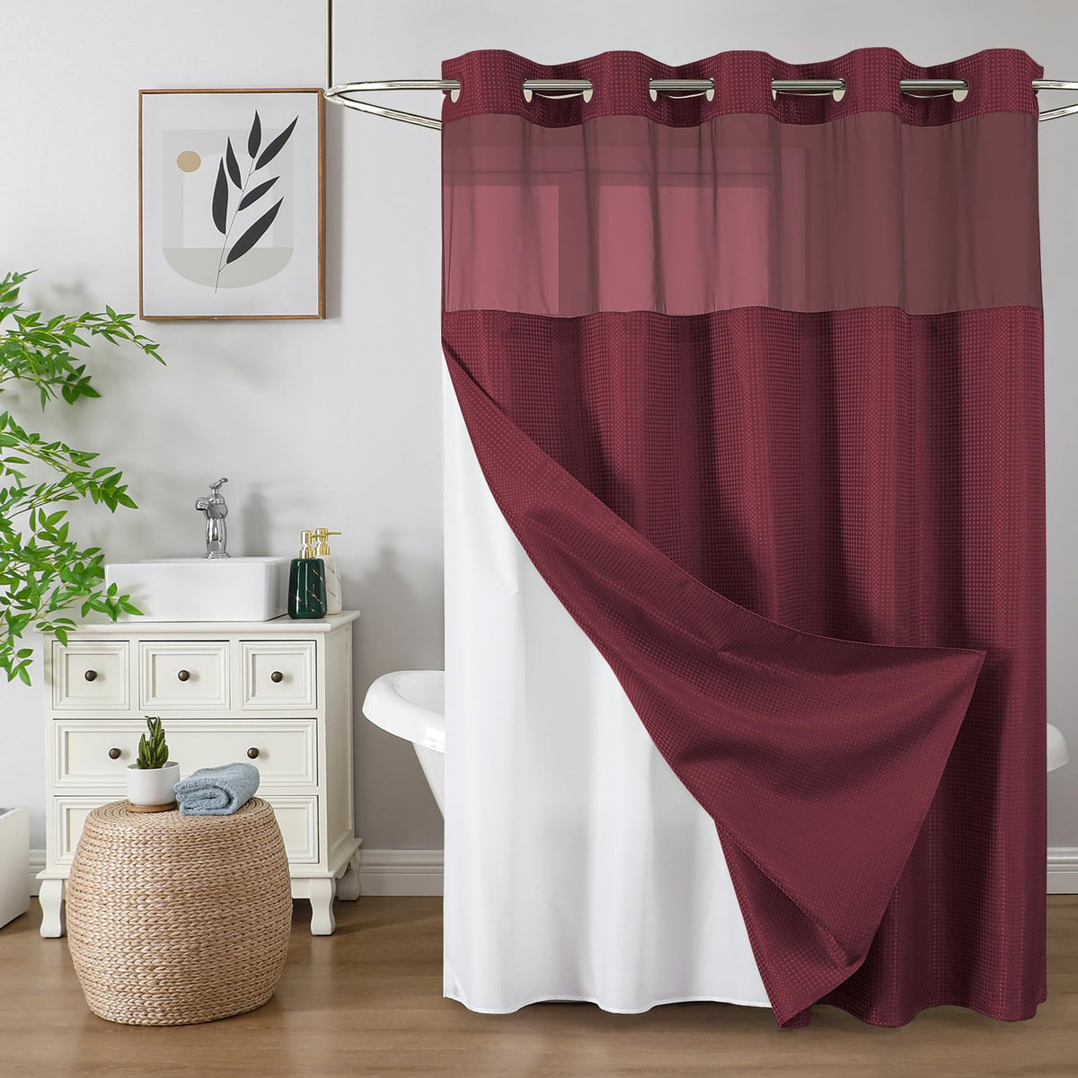 Colorful Star Sage Green No Hook Waffle Shower Curtain Set, 72 x 75 Inch