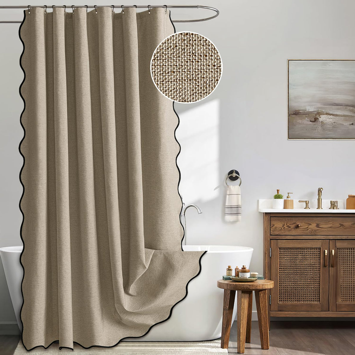 MIULEE Beige Scalloped Shower Curtain Linen Textured with 12 Metal Hooks Cute Heavy Duty Washable Waterproof Neutral Thick Cloth Shower Curtains with Black Border for Bathroom Bathtub,W72*L72 Cream
