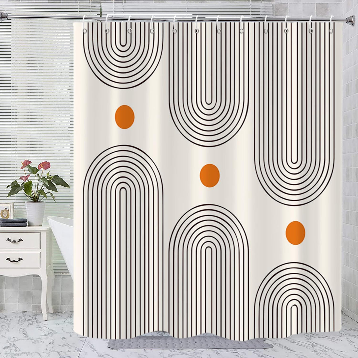 Boho Mid Century Shower Curtain, Modern Abstract with Hooks 72x72
