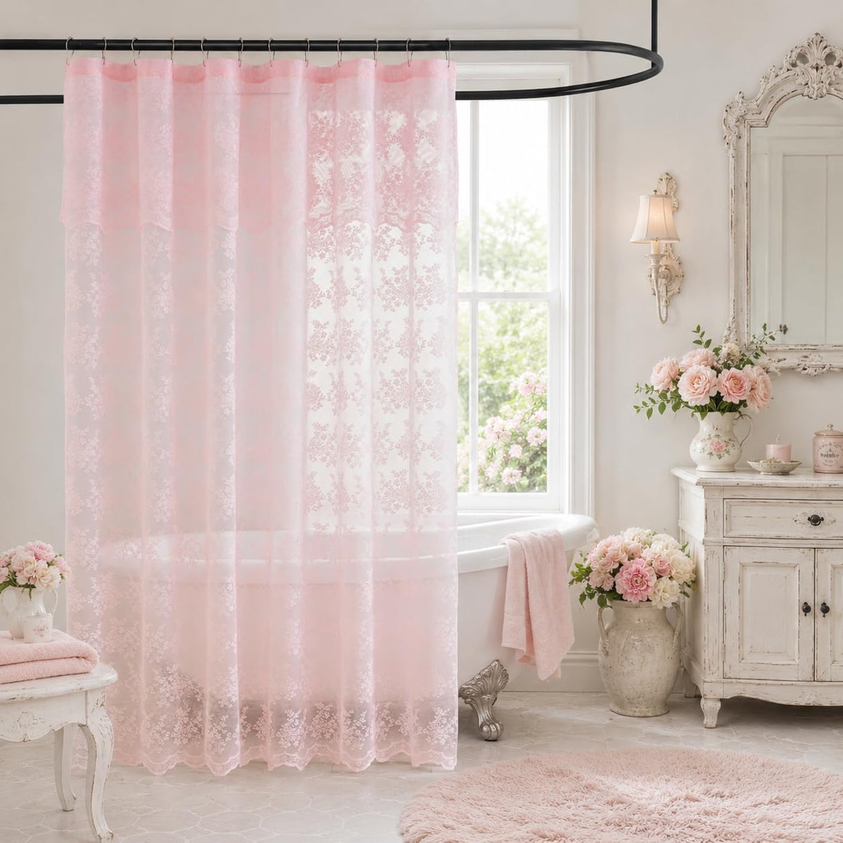 TUDECO Pink Lace Shower Curtain with Attached Valance, 72x72 Inch, 1 Panel