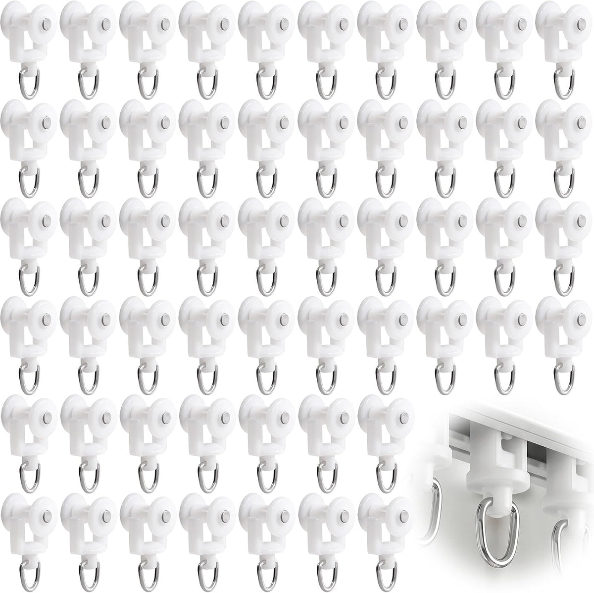 100 Pcs White Curtain Track Rollers, 0.55 Inch Plastic Mute Sliding Ceiling Track Gliders, Drapery Rail Roller Clips with Hooks Replacement for Window Shower Bedroom Curtains