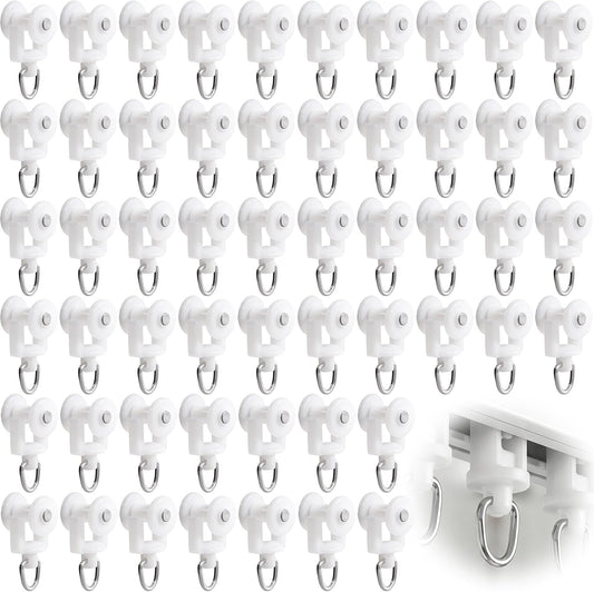 100 Pcs White Curtain Track Rollers, 0.55 Inch Plastic Mute Sliding Ceiling Track Gliders, Drapery Rail Roller Clips with Hooks Replacement for Window Shower Bedroom Curtains