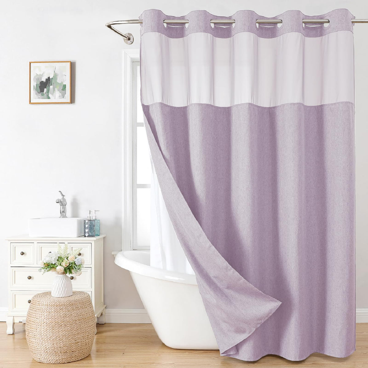 Eachope No Hooks Polyester Textured Shower Curtain with Snap-in Fabric Liner Set, Hotel Luxury Decor Shower Curtains for Bathroom with See Through Top Window, Waterproof & Washable, 71Wx74H, Cream