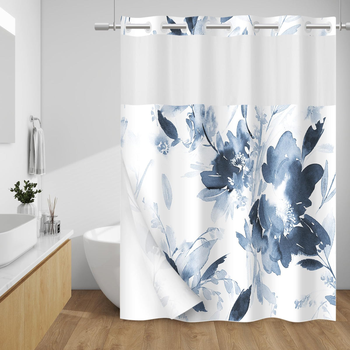 WITHLOC Hook Free Floral Shower Curtain with Liner, Blue Beige, 71x74