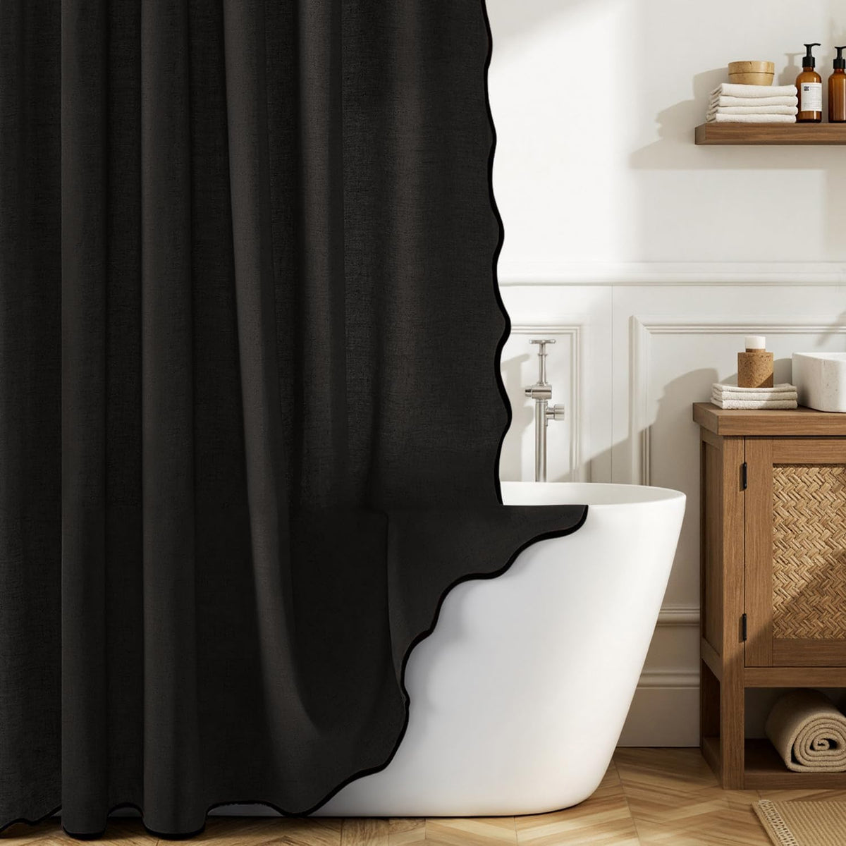 MIULEE Natural Scalloped Linen Shower Curtain 72W x 72L