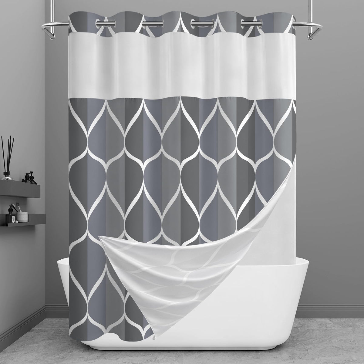 Yiatn Gray Ringless Shower Curtain with Snap-in Liner, 71 x 74 Inch