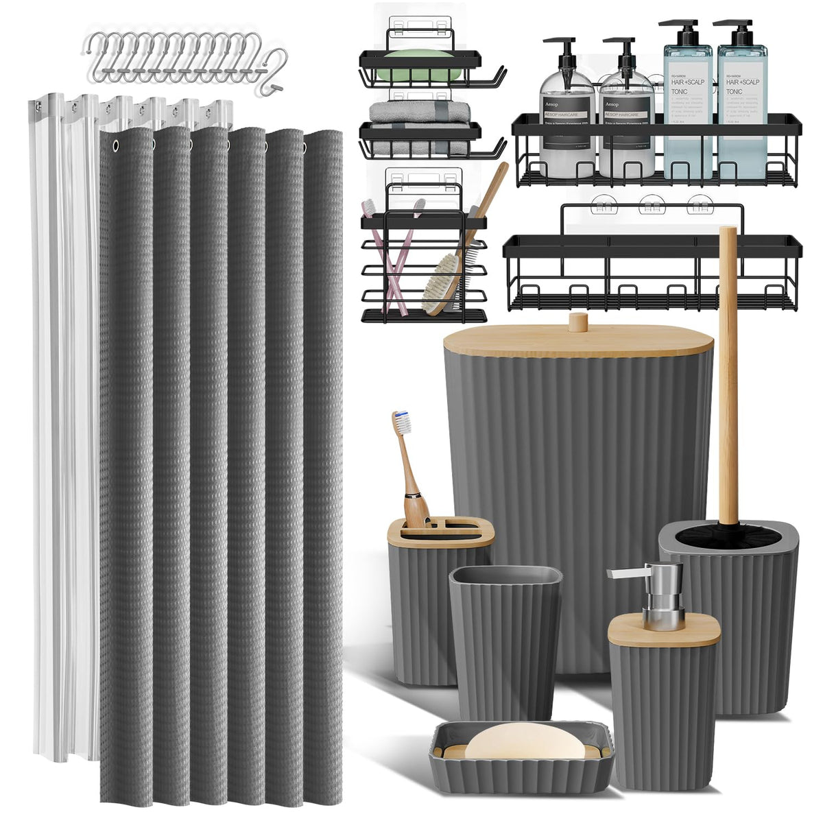 Clara Clark Black Bathroom Set, Shower Curtain Set, Bathroom Accessory Set