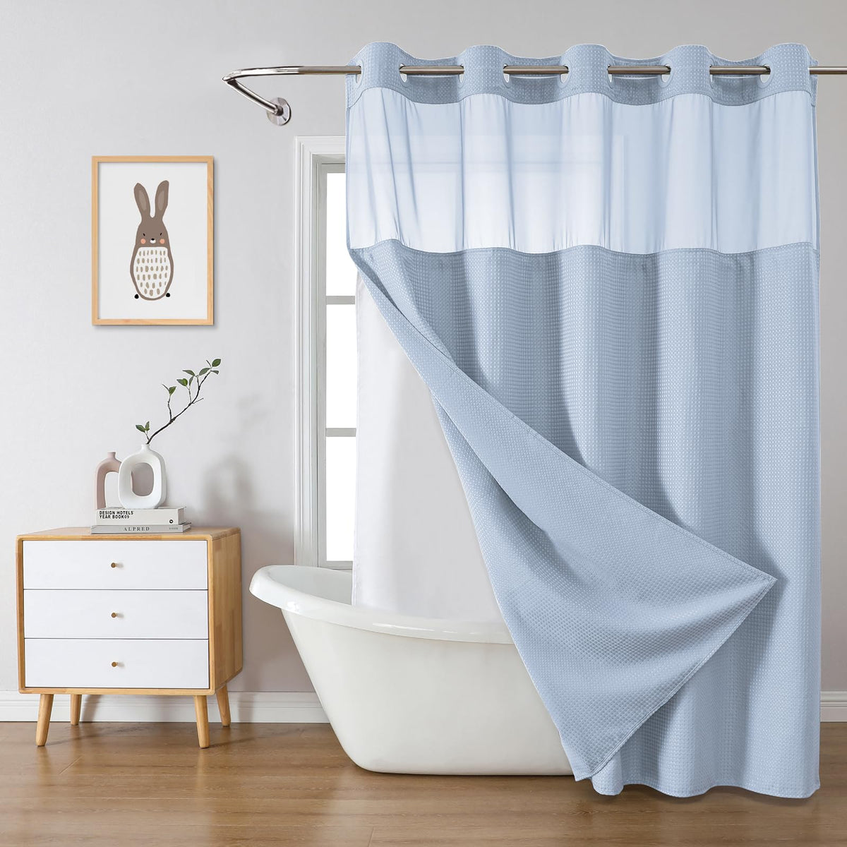 eachope No Hook Waffle Shower Curtain with Snap-in Liner, 71x74 Inch, Grey