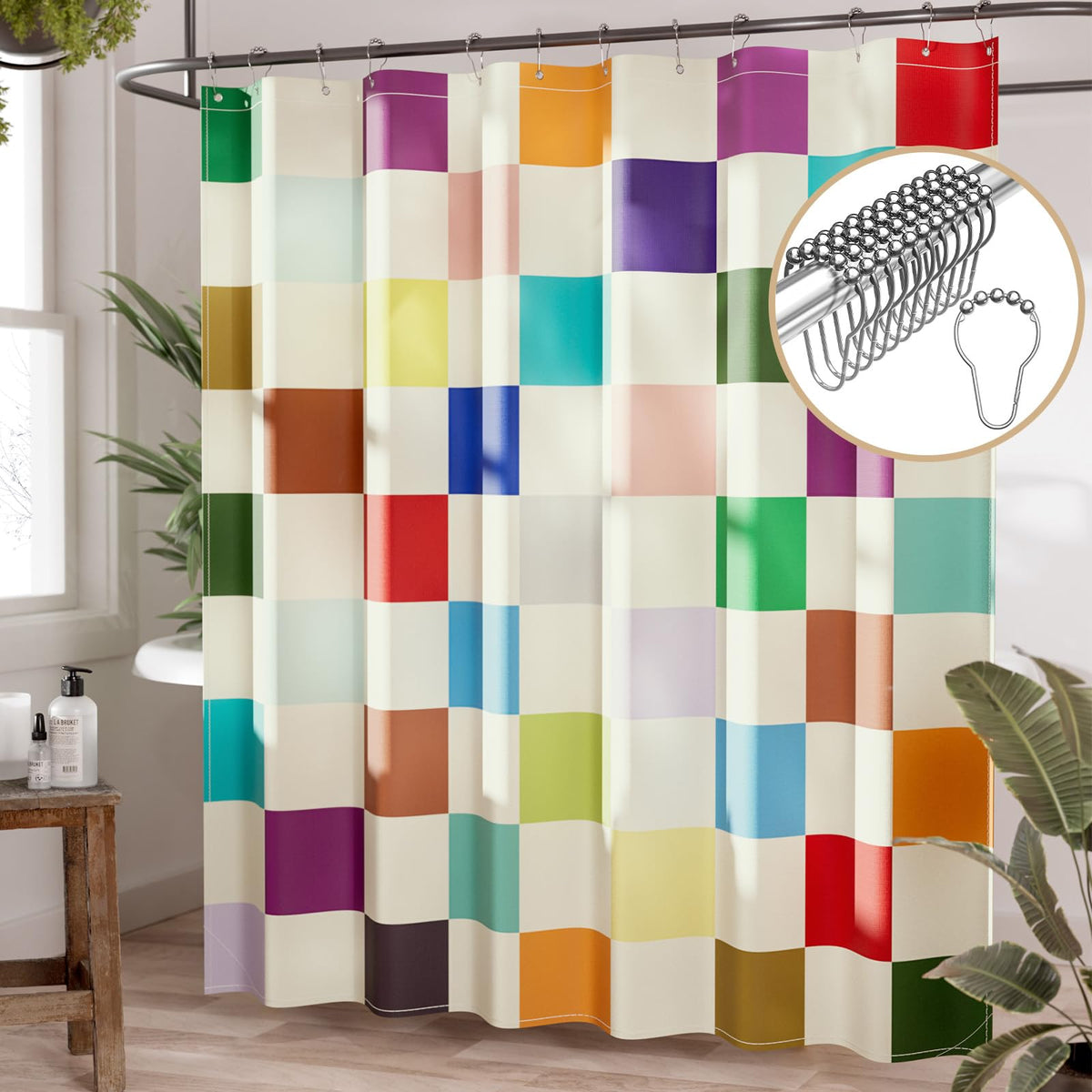 AmazerBath Shower Curtain, Washable Cloth Black Shower Curtain Sets with 12 Shower Curtain Hooks, Fabric Rustic Black and White Striped Curtain, Farmhouse Bathroom Curtains, 72x72 Inches