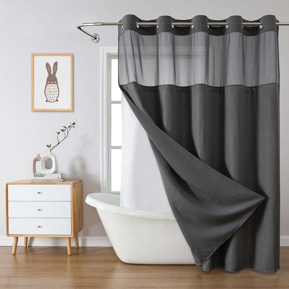 eachope No Hook Waffle Shower Curtain with Snap-in Liner, 71x74 Inch, Grey