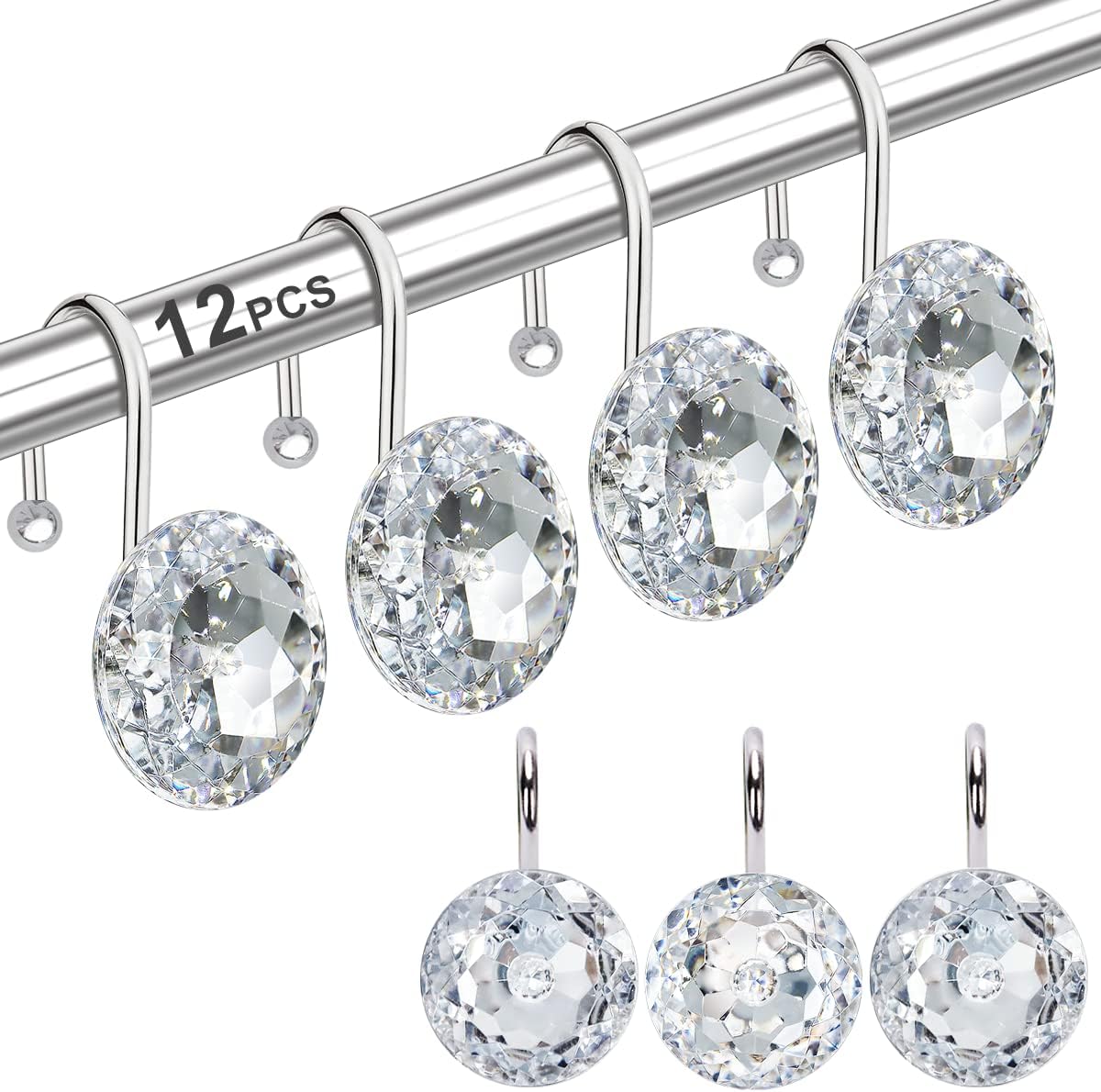 12PCS Shower Curtain Hooks Rings for Bathroom, Stainless Steel Metal Crystal Rhinestones Bling Rust Proof Shower Curtain Rings Hangers for Shower Curtain Decorative, Round Heavy Duty Hooks (Clear)
