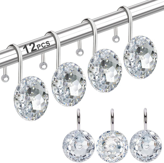 12PCS Shower Curtain Hooks Rings for Bathroom, Stainless Steel Metal Crystal Rhinestones Bling Rust Proof Shower Curtain Rings Hangers for Shower Curtain Decorative, Round Heavy Duty Hooks (Clear)