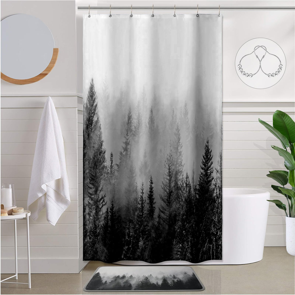 ORTIGIA Black and White Misty Forest Shower Curtain for Bathroom, Nature Woodland Curtain Set with Hooks, Decorative Pine Tree Fog Magic Bath Decor for Home Weighted, 72x72