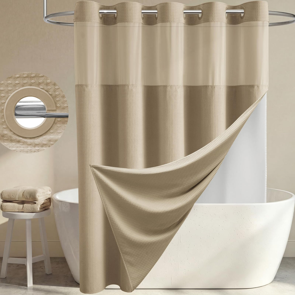 Dynamene Ringless Waffle Weave Fabric Shower Curtain Set, Black, 72"x75"
