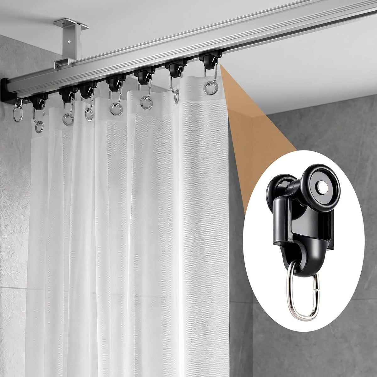 PAGOW 25pcs Curtain Track Rollers, Curtain Track Gliders with Ring, Black