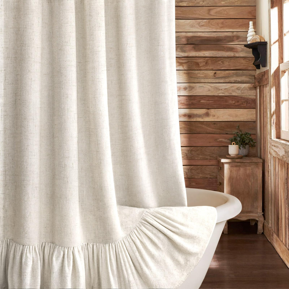 Farmhouse Shower Curtain Ruffle Linen Cream-Green Stripe 72"W x 72"L