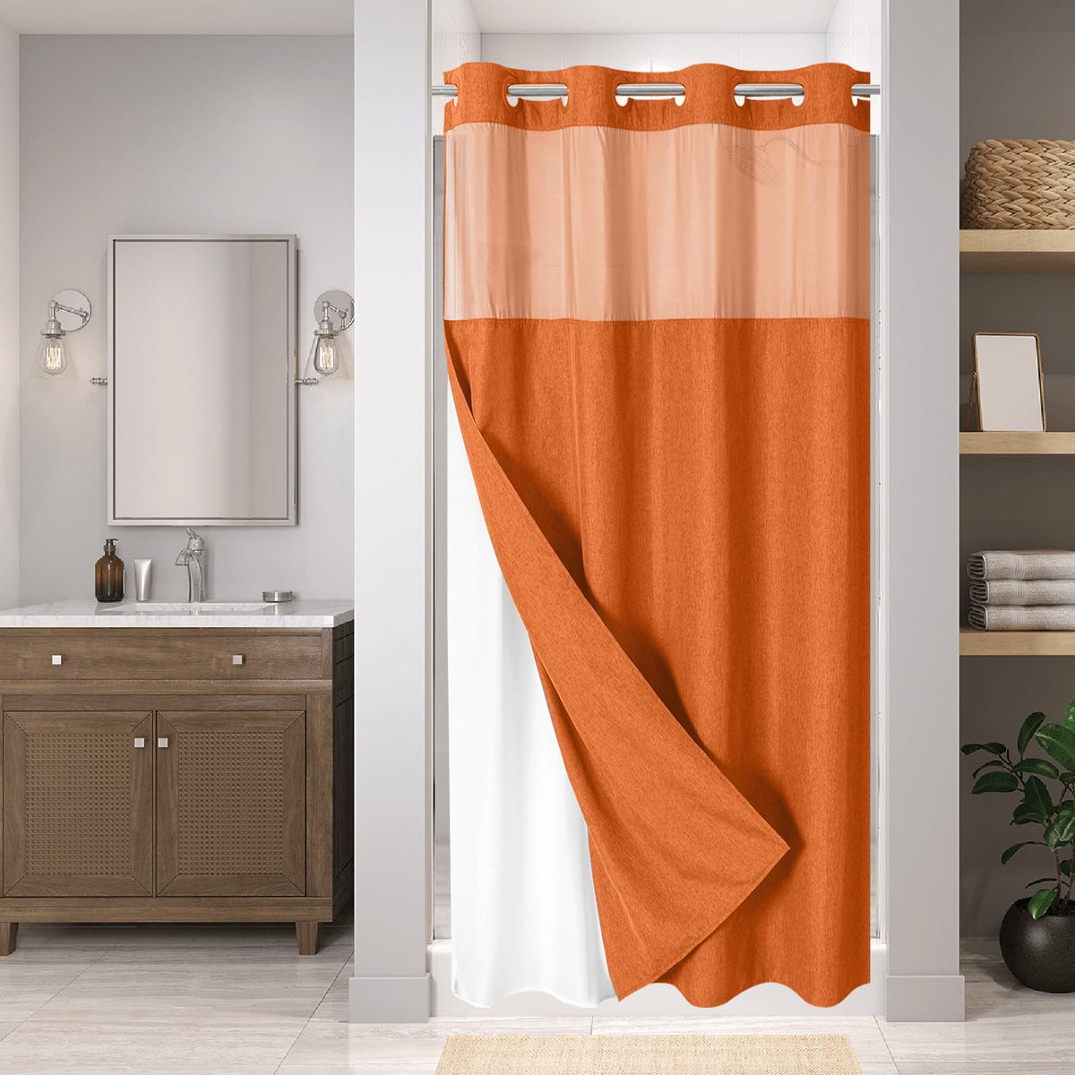 Eachope No Hooks Polyester Textured Shower Curtain with Snap-in Fabric Liner Set, Hotel Luxury Decor Shower Curtains for Bathroom with See Through Top Window, Waterproof & Washable, 71Wx74H, Cream