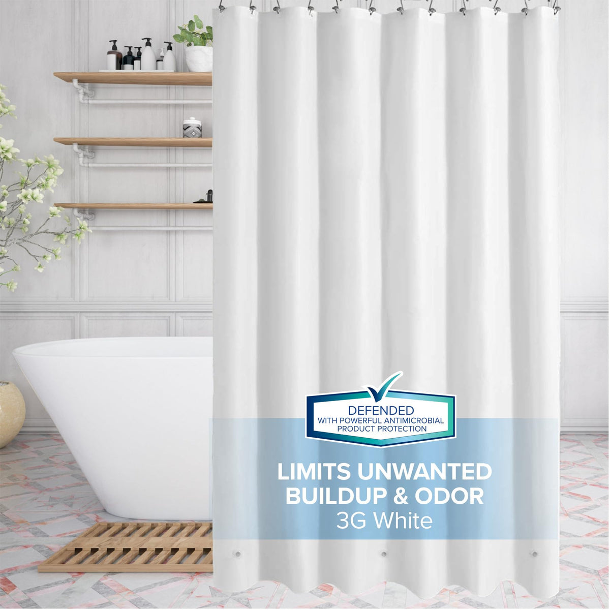 SlipX Solutions Protected Shower Curtain Liner, 3G Lightweight, 70"x72", White