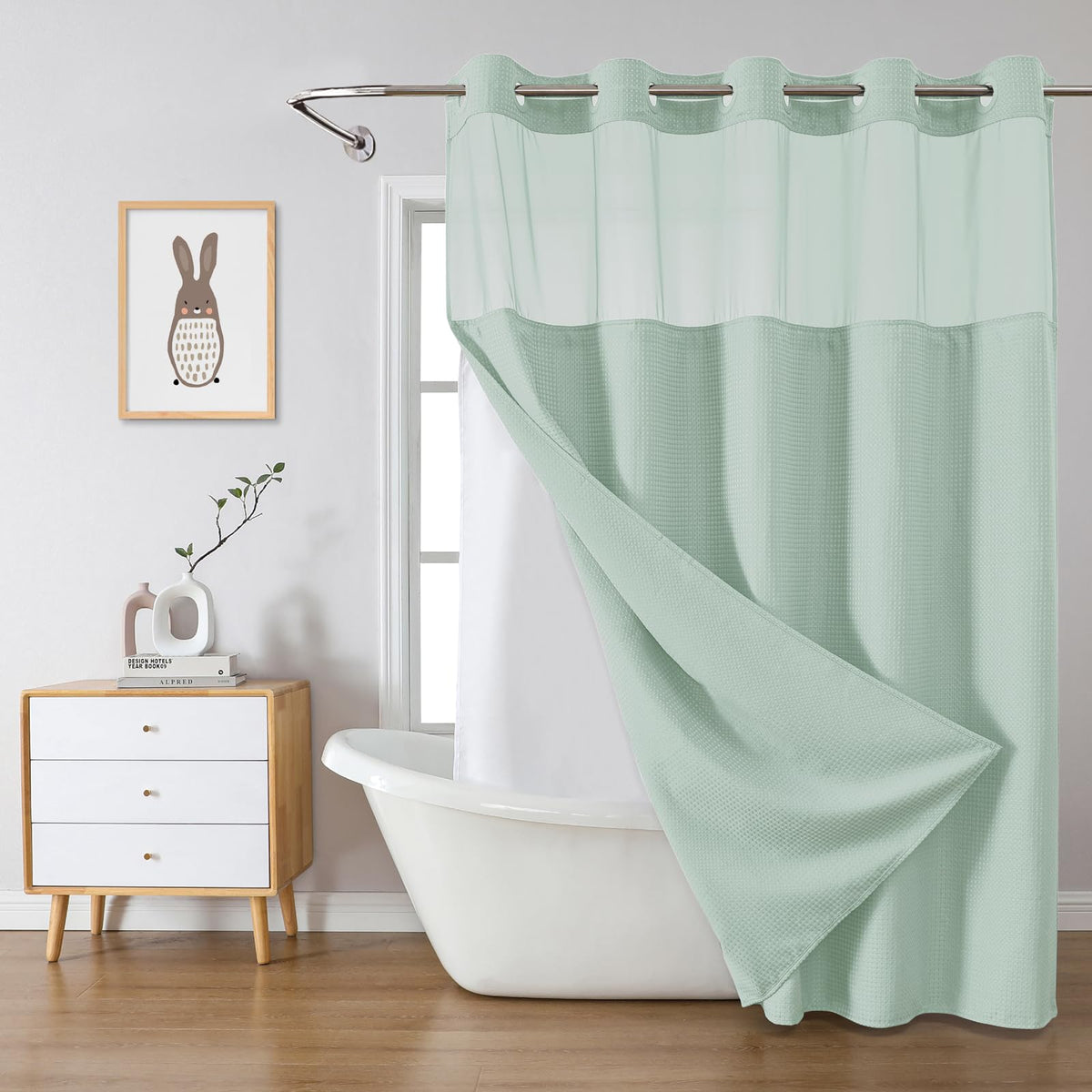 eachope No Hook Waffle Shower Curtain with Snap-in Liner, 71x74 Inch, Grey