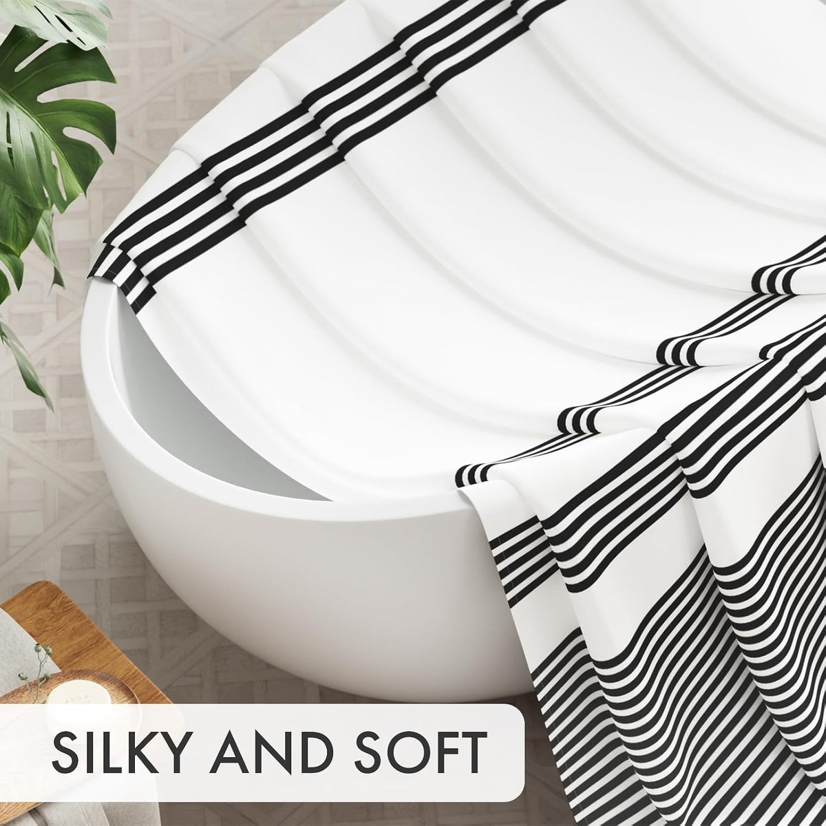 AmazerBath Shower Curtain, Washable Cloth Black Shower Curtain Sets with 12 Shower Curtain Hooks, Fabric Rustic Black and White Striped Curtain, Farmhouse Bathroom Curtains, 72x72 Inches