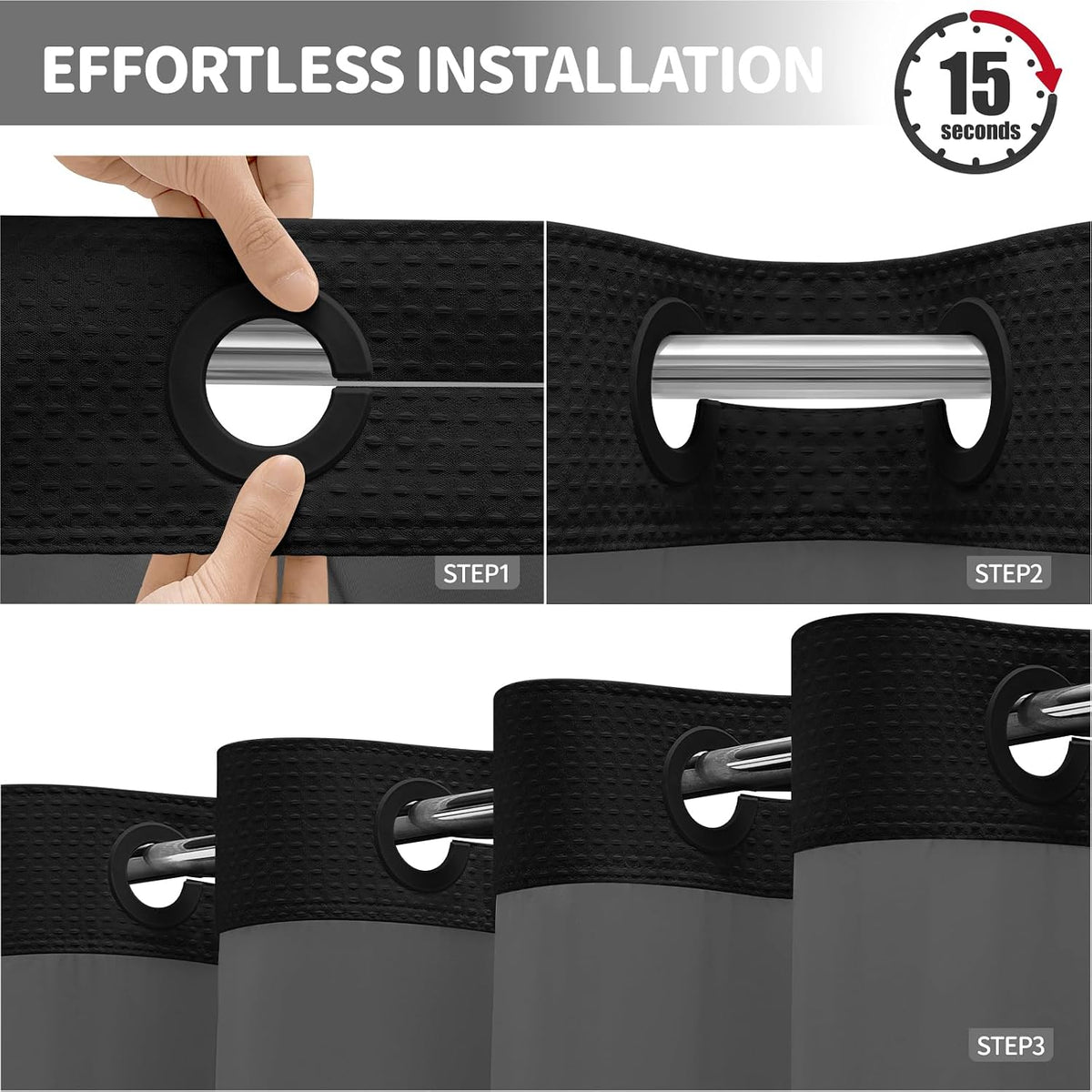 Dynamene Ringless Waffle Weave Fabric Shower Curtain Set, Black, 72"x75"