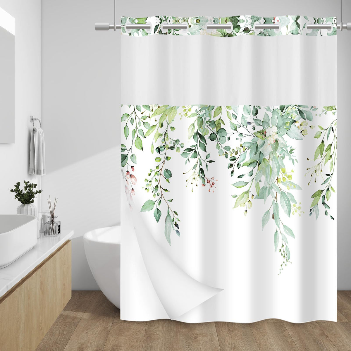 WITHLOC Hook Free Floral Shower Curtain with Liner, Blue Beige, 71x74