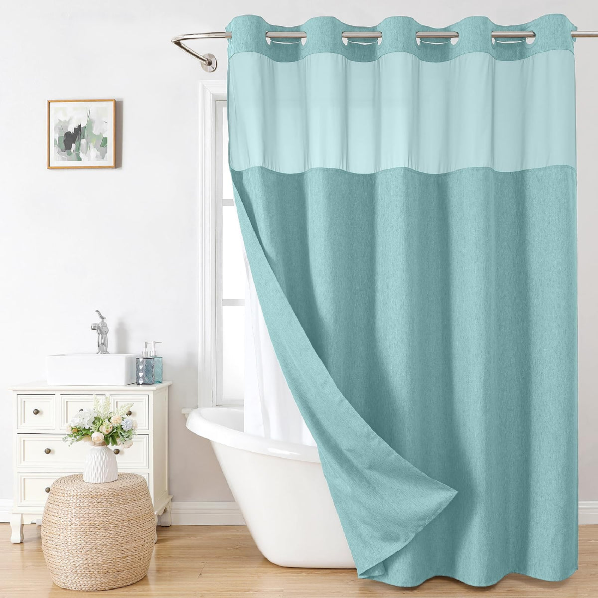 Eachope No Hooks Polyester Textured Shower Curtain with Snap-in Fabric Liner Set, Hotel Luxury Decor Shower Curtains for Bathroom with See Through Top Window, Waterproof & Washable, 71Wx74H, Cream