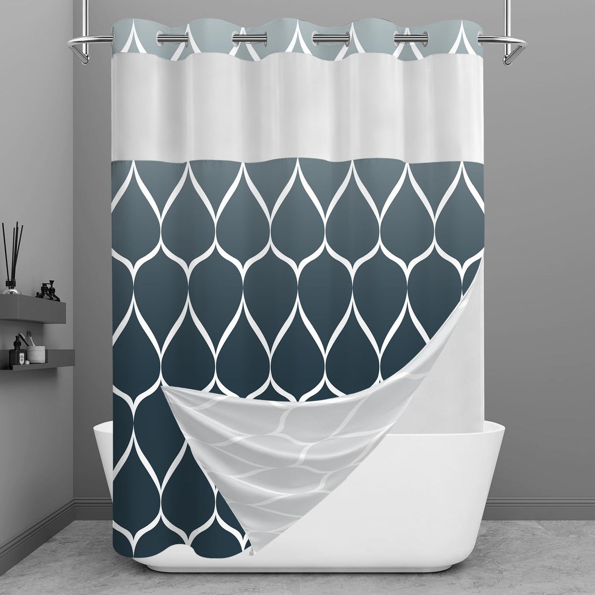 Yiatn Gray Ringless Shower Curtain with Snap-in Liner, 71 x 74 Inch