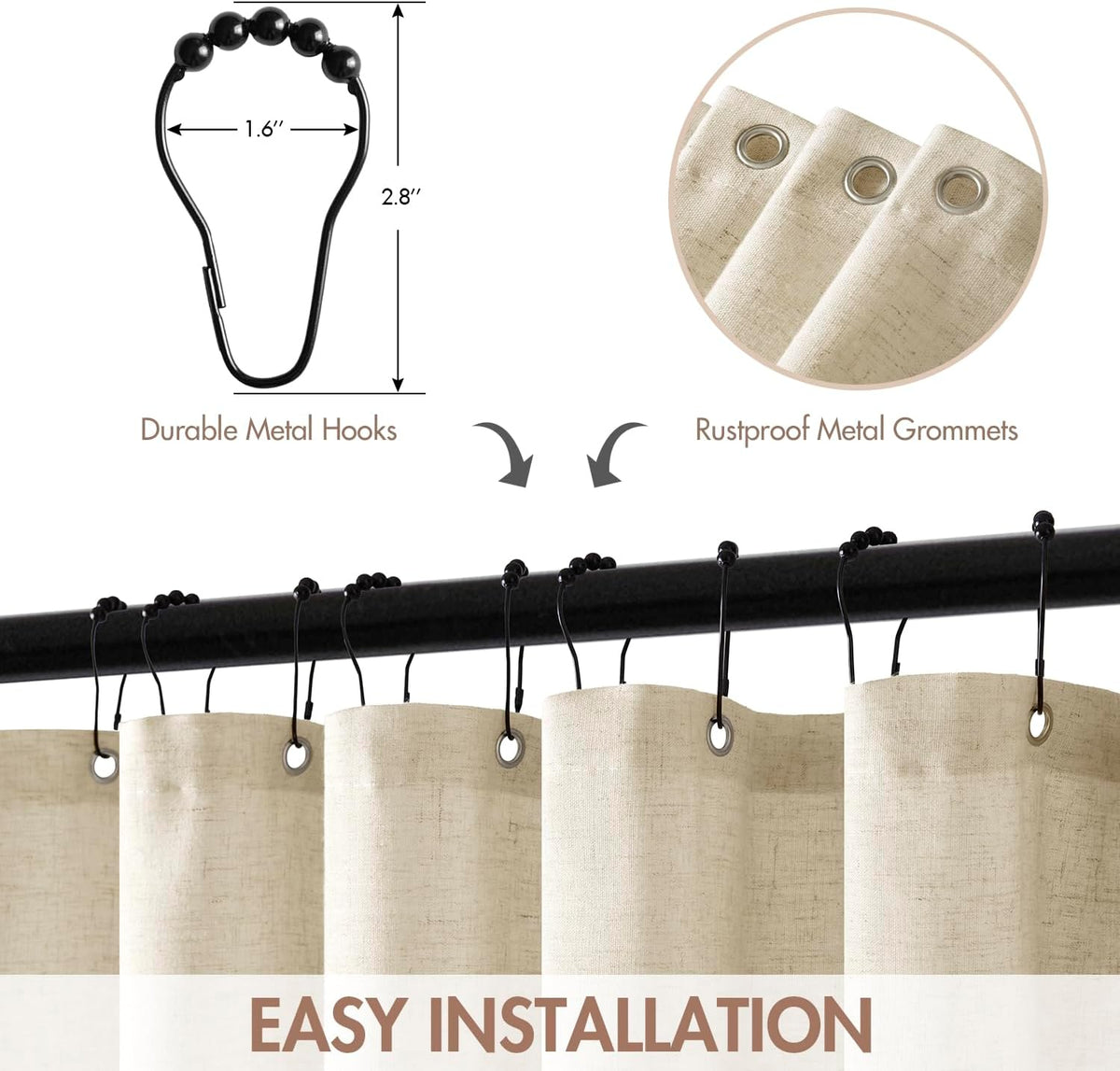 MIULEE Natural Scalloped Linen Shower Curtain 72W x 72L