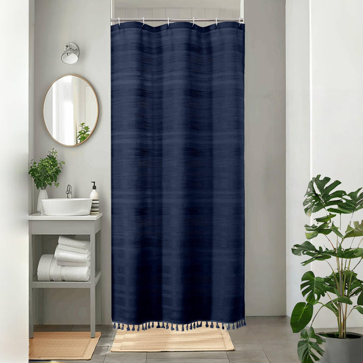 OVZME Natural Linen Shower Curtain for Bathroom, Boho Farmhouse Rustic Striped Shower Curtain with Tassel, Textured Heavy Duty Vintage Country Bathroom Curtain, 72Wx72L Inches