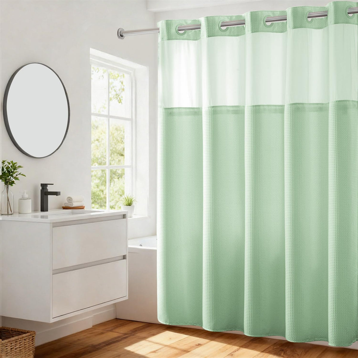 RiverDream Heavyweight Waffle No Hook Shower Curtain with Liner,White,71x74