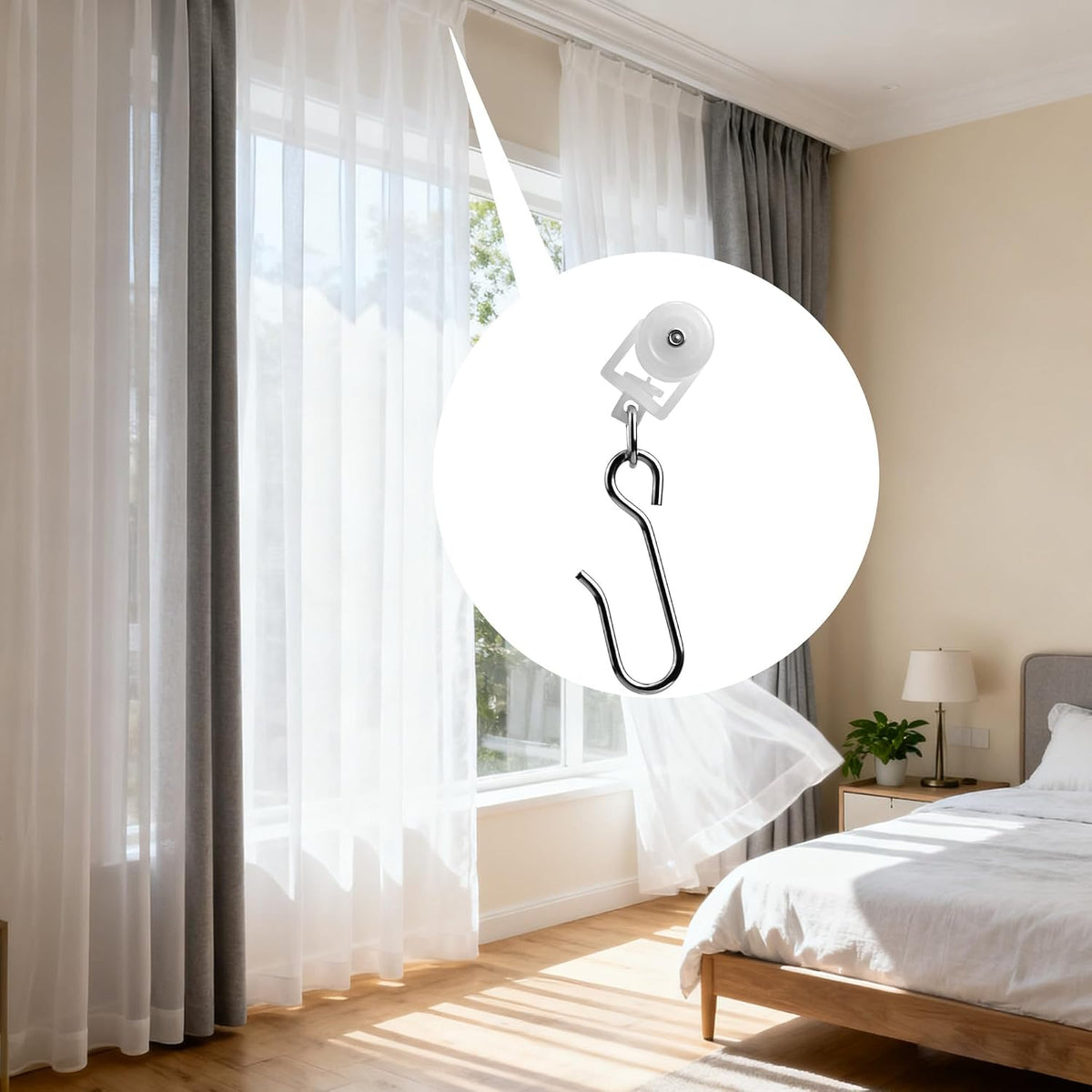 15 Sets Ceiling Curtain Track Roller Hooks Dual Wheel Stainless Steel Ceiling Curtain Gliders 0.59 Inch 15mm Diameter Durable Roller Carriers for Curtains Drapes Room Dividers - White