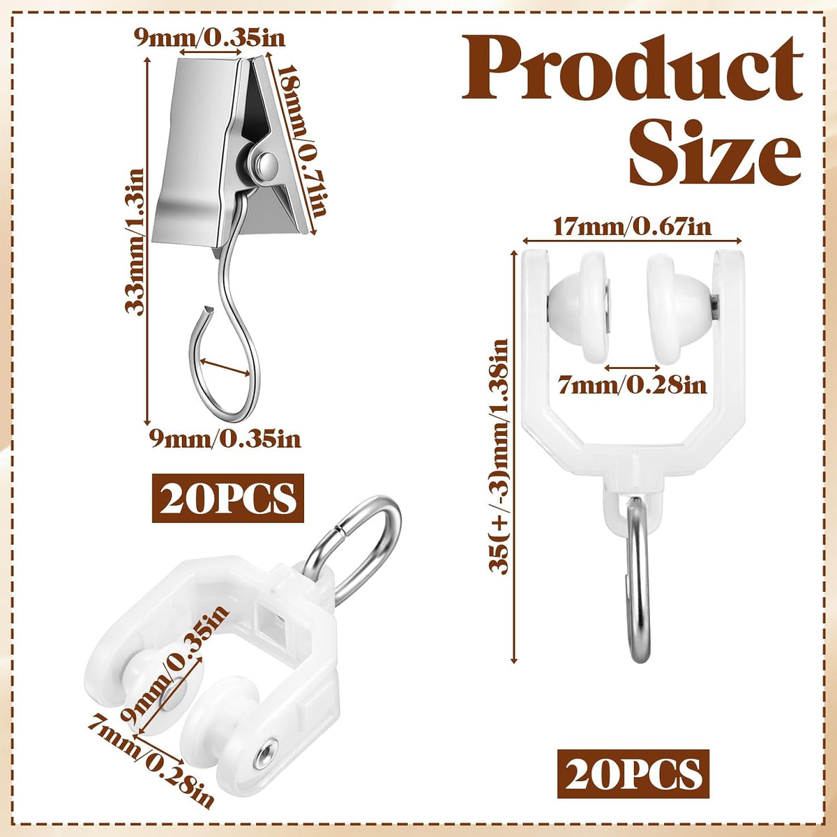 Curtain Track Rollers & Curtain Clips Set, Bulk Ceiling Curtain Track Hooks, Flexible Bendable Clips, Plastic Drapery Rail Gliders and Stainless Steel Hooks for Shower Window, 40Pcs