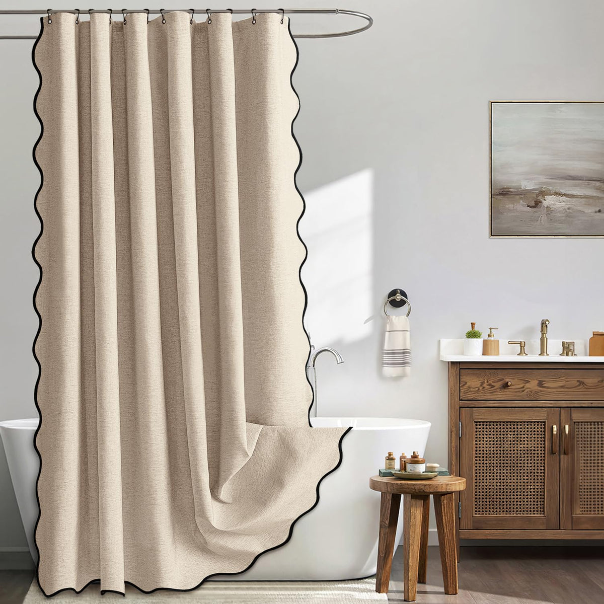 MIULEE Beige Scalloped Shower Curtain Linen Textured with 12 Metal Hooks Cute Heavy Duty Washable Waterproof Neutral Thick Cloth Shower Curtains with Black Border for Bathroom Bathtub,W72*L72 Cream