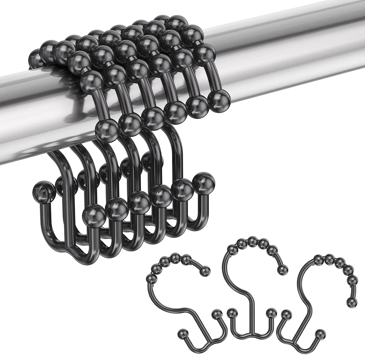 Amazer Plastic Shower Curtain Hooks, Black Shower Curtain Rings, 12Pcs Shower Hooks for Shower Curtain, Double Shower Rings, Bathroom