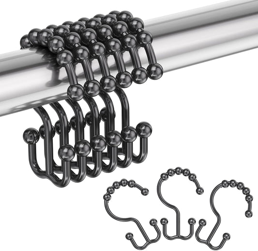 Amazer Plastic Shower Curtain Hooks, Black Shower Curtain Rings, 12Pcs Shower Hooks for Shower Curtain, Double Shower Rings, Bathroom
