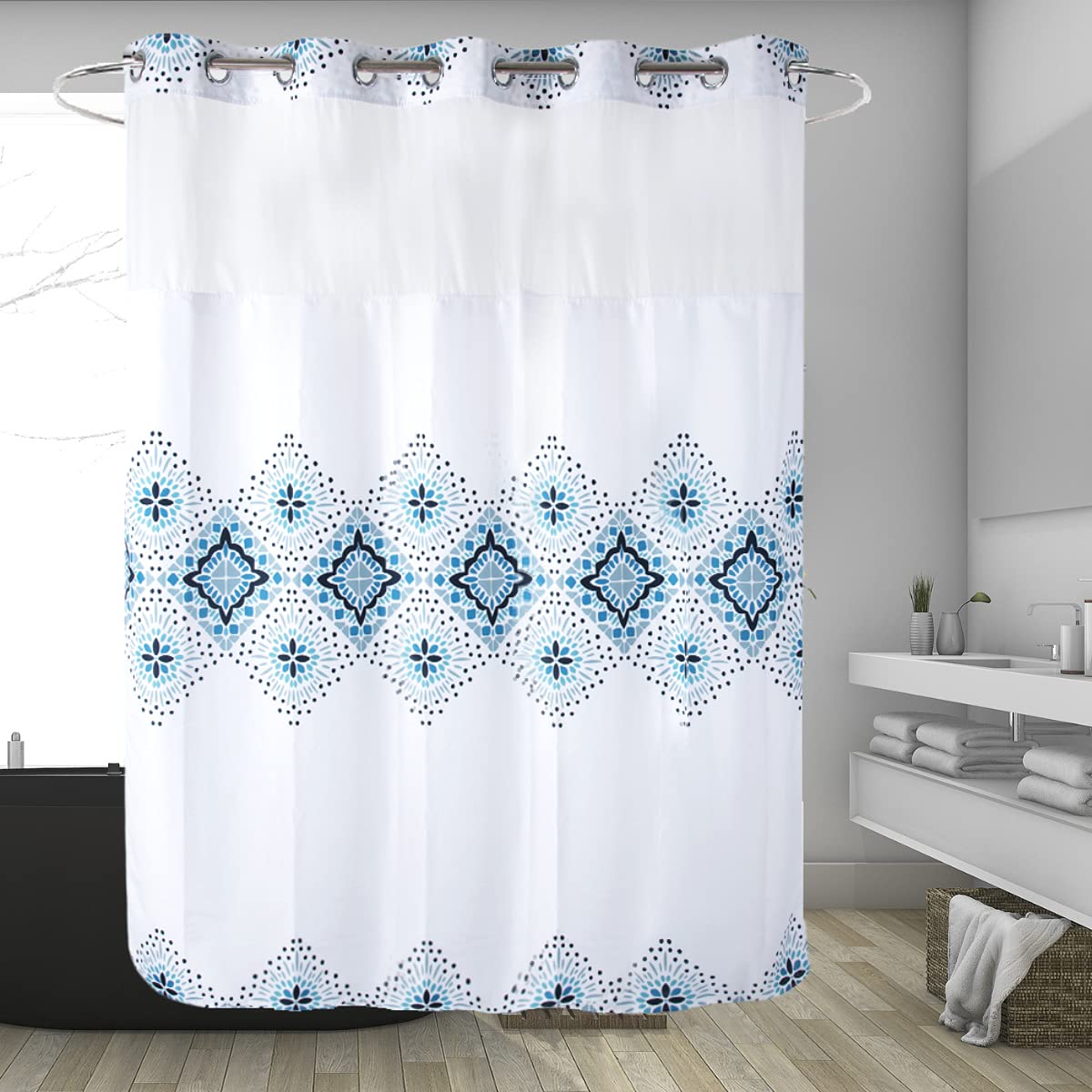 71“W x74”H Heavy Fabric Hook Free Shower Curtain with Polyester Magnet Snap-in Liner–Top See Through with Mesh Window Light Beige