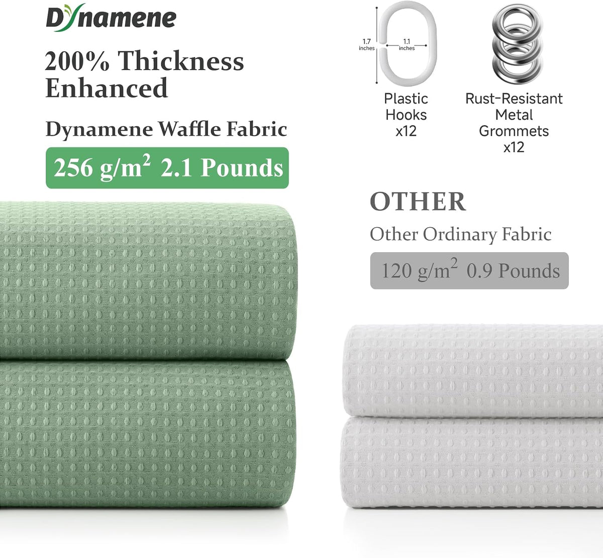 Dynamene Waffle Shower Curtain 256 GSM Heavy Duty Fabric 72"x72" Sage Green