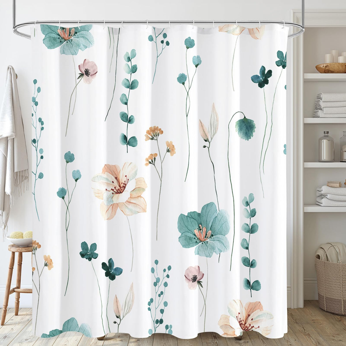 Gibelle Sage Green Beige Watercolor Floral Fabric Shower Curtain 72x72