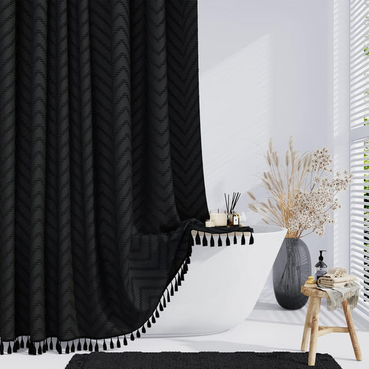Dynamene Boho Farmhouse Fabric Shower Curtain Tufted Chevron 72"x72" Black