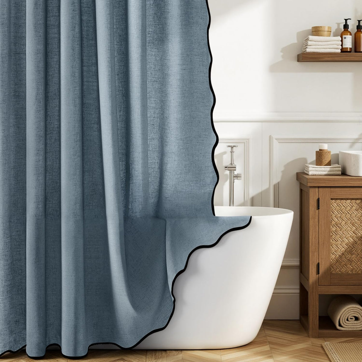 MIULEE Natural Scalloped Linen Shower Curtain 72W x 72L