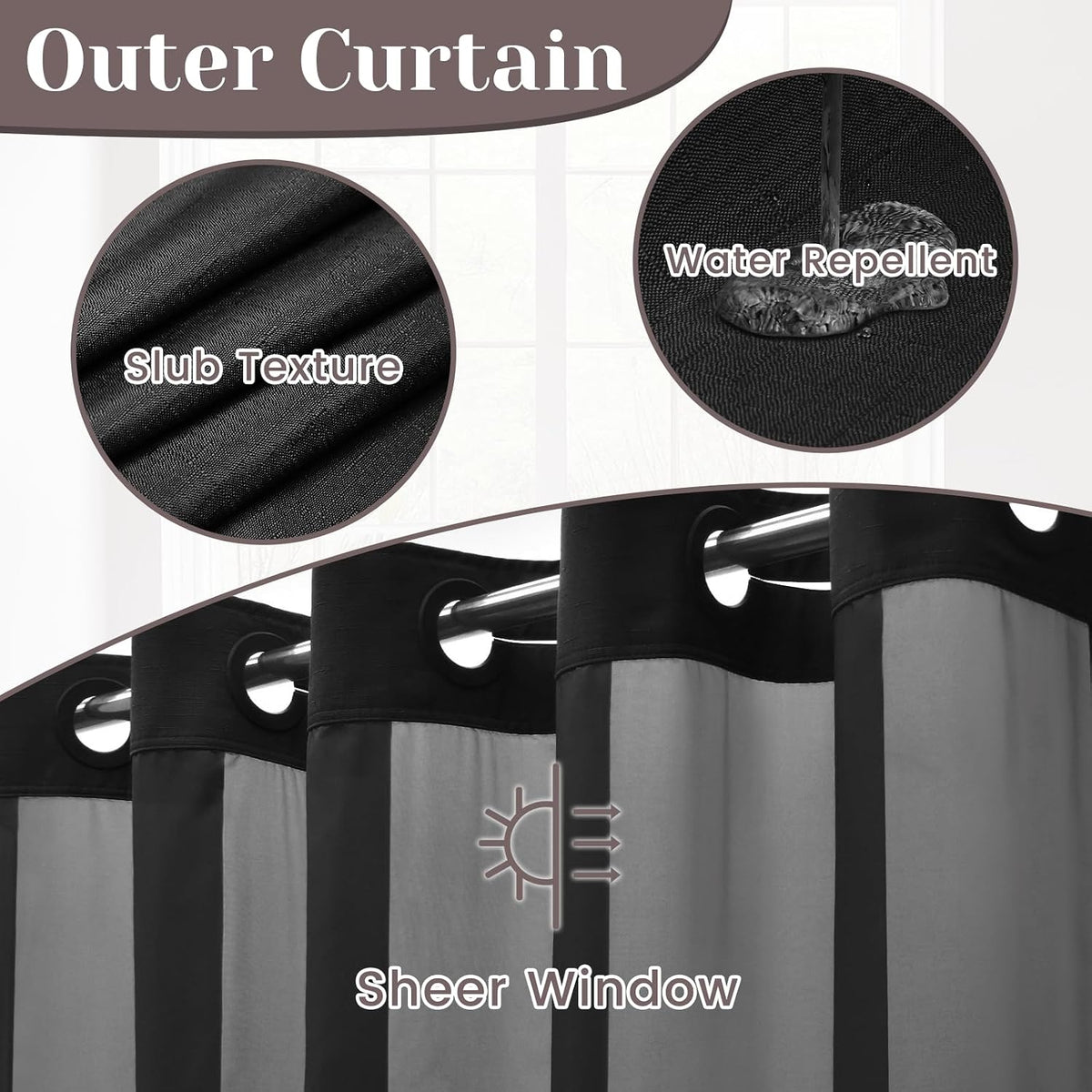 SORTTO Ringless Slub Shower Curtain with Snap in Liner, 71x74, Black