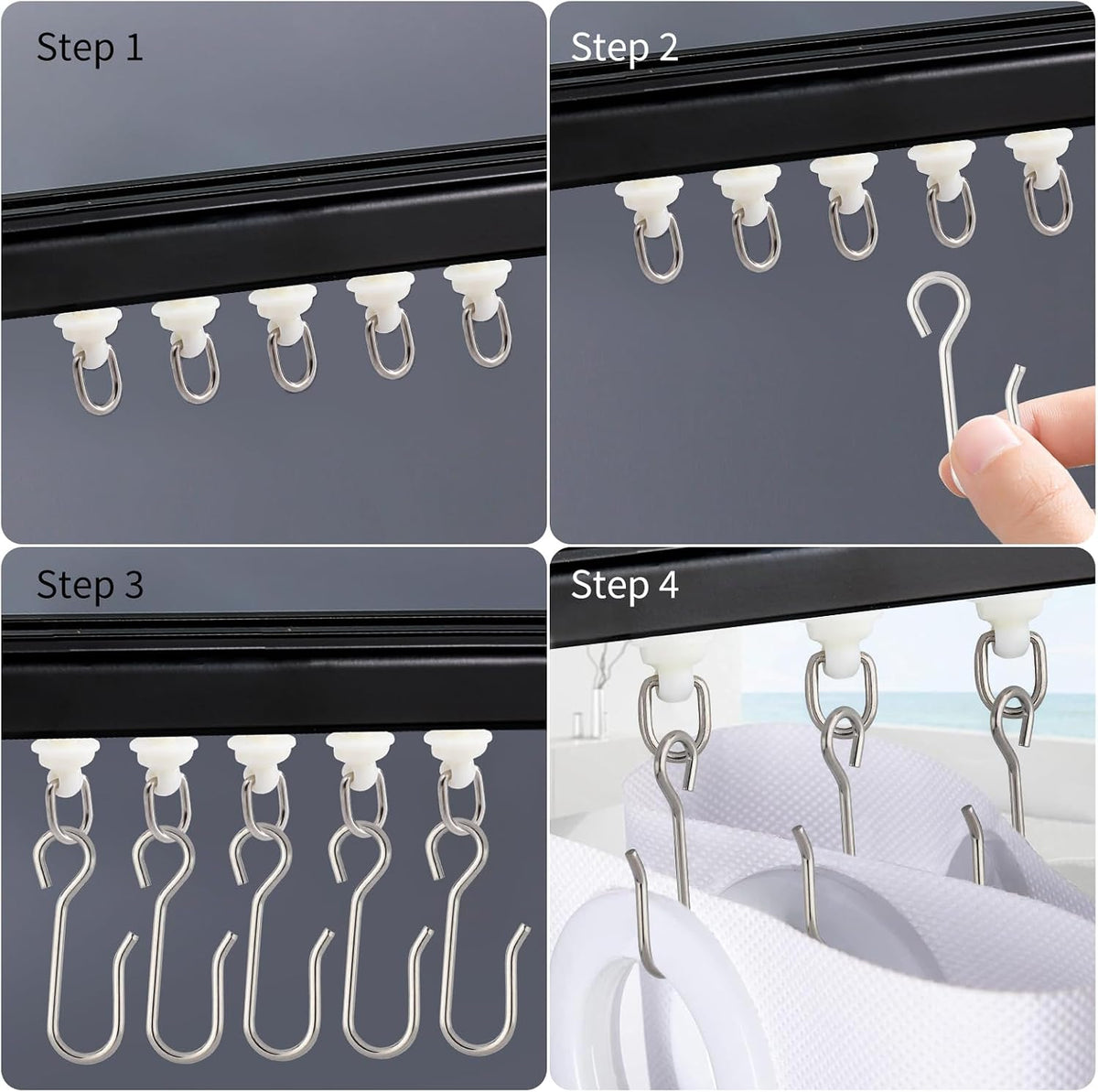 100 Pcs Curtain Track Gliders Hooks, 50 Pcs Plastic Curtain Track Glider and 50 Pcs Metal Curtain Track Hooks S Shaped for Shower Curtain, Curtain Track Rollers for Bendable Curtain Track Pulley