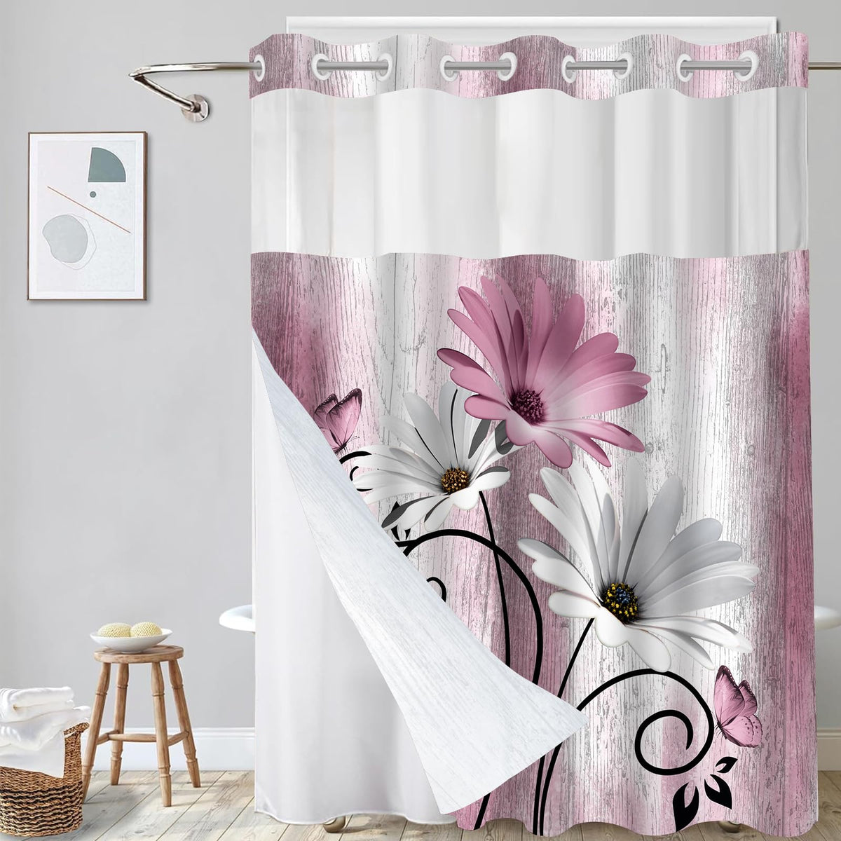 Hookless Shower Curtain with Snap in Liner, Blue Colorful Floral, 72W x 75L